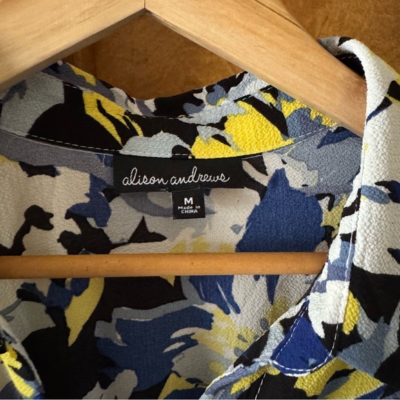 ALISON ANDREWS | Chic Floral Midi Dress Blue Yellow Button Down Short Sleeve - Picture 5 of 11
